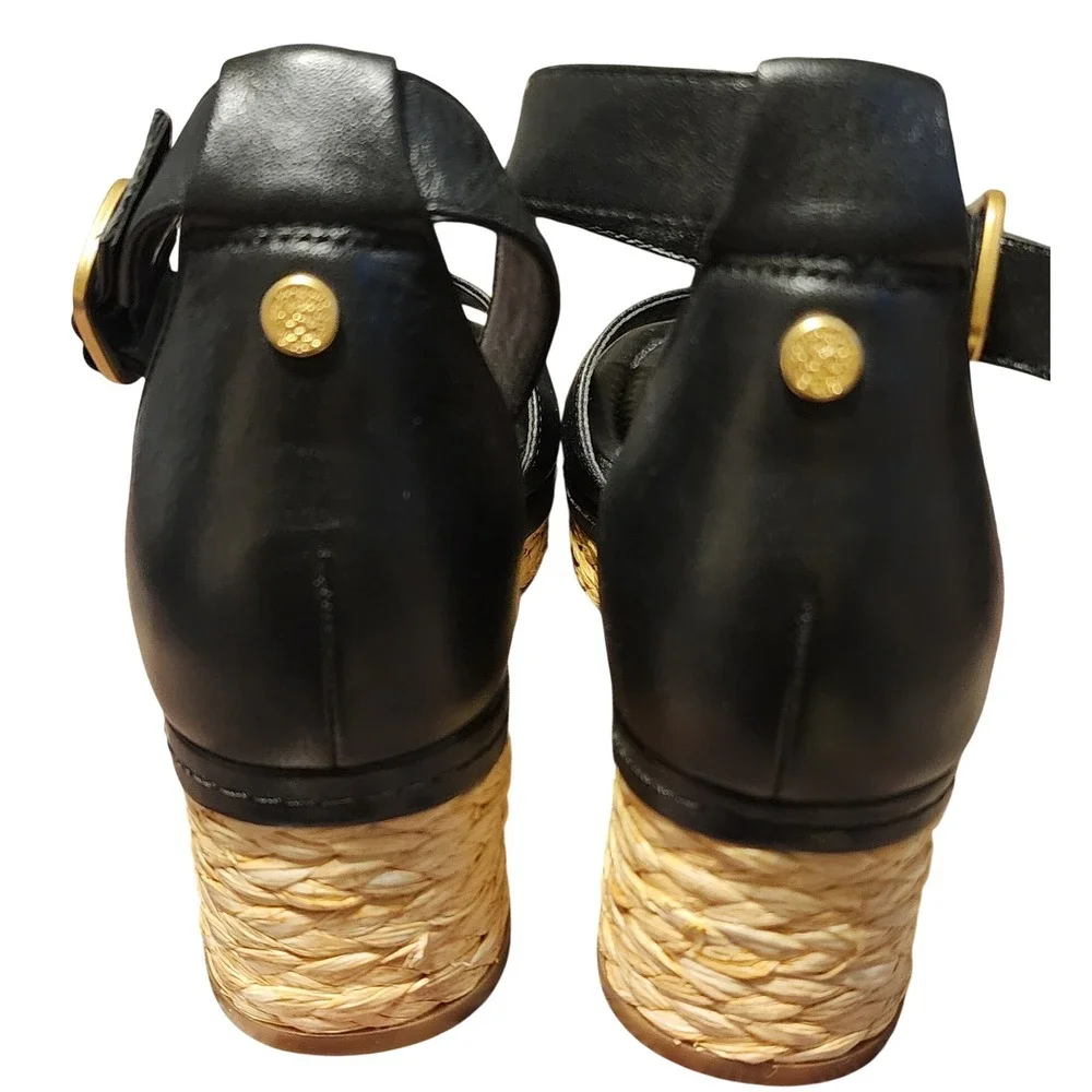 Vince Camuto Womens Black Leather Raffia Platform Wedge Sandals Gold Buckle 7M